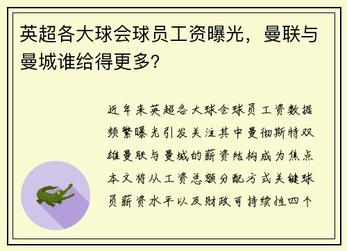 英超各大球会球员工资曝光，曼联与曼城谁给得更多？